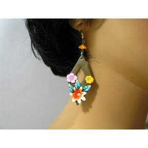 Island style Colorful Floral Dangle Drop Rhinestone accent Earrings 2.5 inch